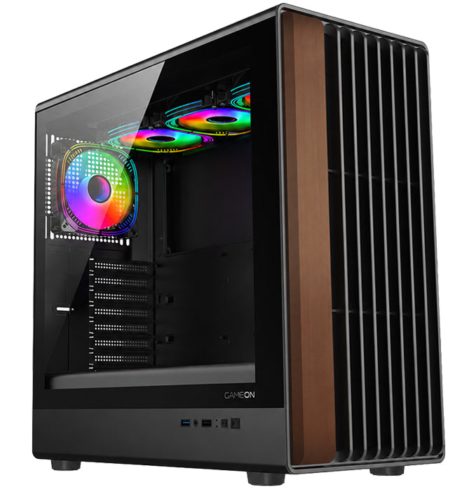 GAMEON Timber Midnight wood-texture ARGB PC case - main product view