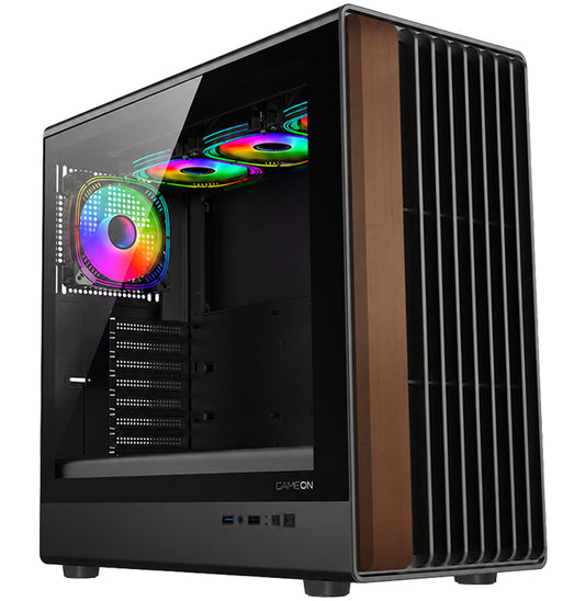 GAMEON TIMBER Midnight Series ARGB Gaming Case – Mid Tower | 7× Pre-Installed ARGB+PWM Fans | Wood-Texture Panels | 3mm Tempered Glass | ATX/M-ATX/ITX Support | 420mm GPU Compatibility – Wood/Black