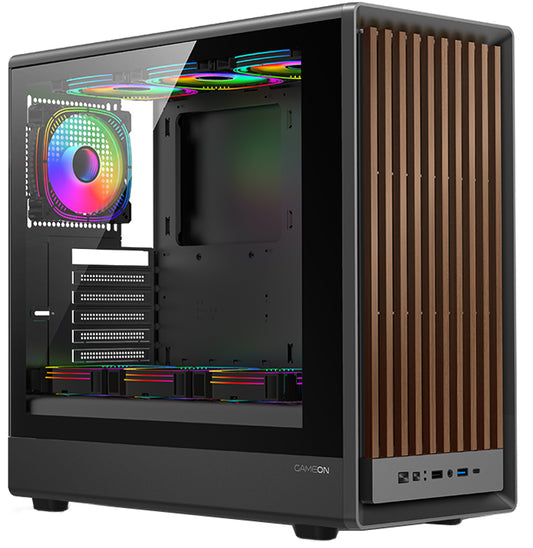 GAMEON TIMBERI Midnight Series ARGB Gaming Case – Mid Tower | 7× Pre-Installed ARGB+PWM Fans | Wood-Texture Panels | Tempered Glass | Supports ATX/M-ATX/ITX | 420mm GPU Compatibility – Wood/Black