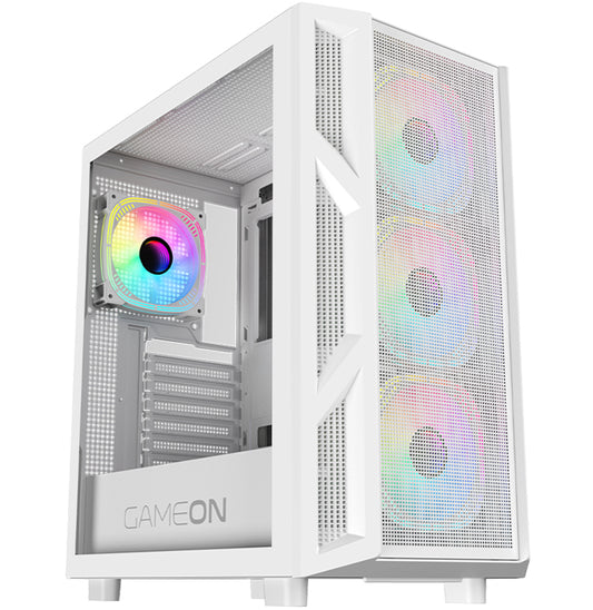 GAMEON Trident IV-A POWERFORGE, SPCC Iron + Glass, Mid Tower Gaming Case, White, ATX/M-ATX/ITX Compatible, Desktop, 750W PSU, ARGB + PWM Cooling, RGB Lighting