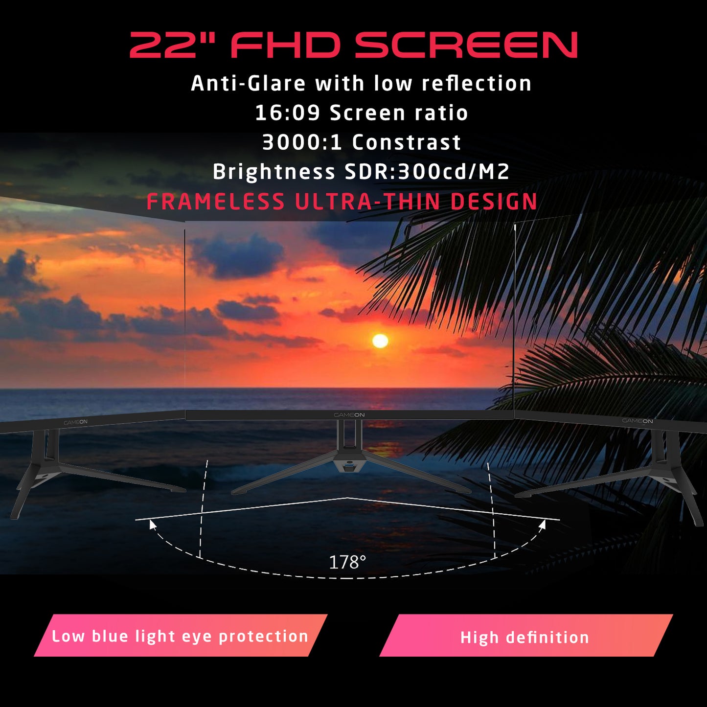 GAMEON GOB22FHD75VA Basic Series 22" FHD, 100Hz, 5ms, VA Panel Gaming Monitor - Black