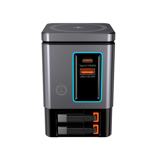6-in-1 GaNFast 105W Charging Dock with 15W MagSafe Wireless Charger, Dual 65W USB-C Cables, LED Light & Earbuds Pad