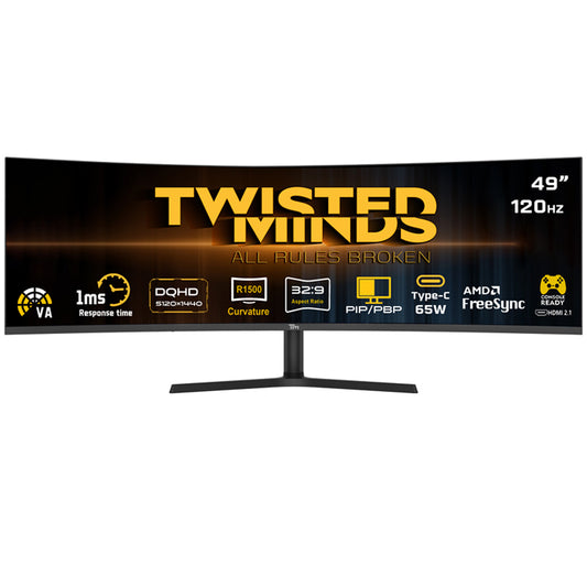 Twisted minds Eclipse Pro Series 49” WQHD, (5120×1440),120Hz, 1ms, HDR10, HDMI 2.1, curved 1500R, Built-in dual speakers (2 × 3W) Gaming Monitor - TM49CDQHDVA