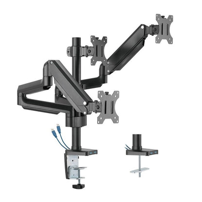 Twisted Minds Premium Triple Monitor Arm, Stand And Mount For Gaming And Office Use 17" - 27" Up To 7 kg With USB Ports - Black